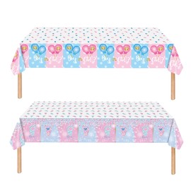KFJBPB 2 Pack Gender Reveal Tablecloth Plastic 54 X 108Inch, Pink and Blue Table Cloth Disposable Rectangle Table Covers for Boy or Girl Baby Shower Party Decorations Supplies (Gender Reveal)