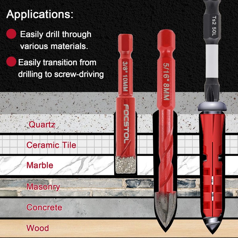 FOCSTOL Diamond Drill Bits Set 10pcs, 3/16''-3/8'' Tile Drill Bit