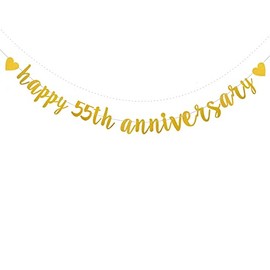 XIAOLUOLY Gold Glitter Happy 55th Anniversary Banner,Pre-Strung,Party Decorations Bunting Sign Backdrops,Happy 55th Anniversary