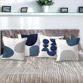 HIWX Blue Boho Pillow Covers 18x18, Navy Blue Boho Geometric Shapes Decorative Pillowcase Throw Pillow Cover, Boho Bohemian Blue Geometry for Bed Room Office Home Decor Set of 4 Pillow Case