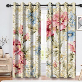 Renaiss Floral Blackout Curtains for Bedroom Watercolor Pink Blue Rose Flower Blossom Leaves Window Curtain Botanical Thermal Insulated Window Drapes for Living Room 2 Panels Set, 42x84 Inch