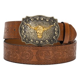 Eohak Western Leather Belt Cowboy Buckle for Men Women Jeans Engraved Floral Longhorn Bull Texas Buckle Belt (33-41 Inch Waist), brown
