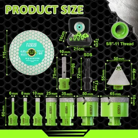 Tile Hole Saw Kit Diamond - FACHLICH 11pcs 2-1/2" Diamond Core Drill Bits Set and 4.5" Diamond Cutting Grinding Blade for Porcelain Ceramic Tile Marble Granite etc