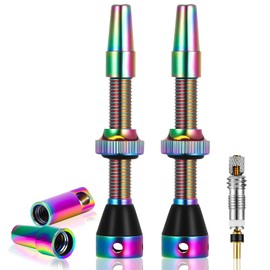 Xialvyu Pack of 2 Tubeless Valves 44 mm, Presta Valve for Tubeless Systems, Aluminium Alloy Shafts in Rainbow Colours with Core Remover Tool, Suitable for MTB Road Bike Rims