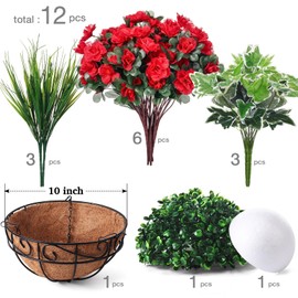 FineCheer Artificial Hanging Flowers Plants Basket for Outdoor Decoration 12 Bundles Fake Hanging Flowers with 10 Inch Pot Realistic UV Resistant for Home Spring Balcony Yard Decor(Red Style)
