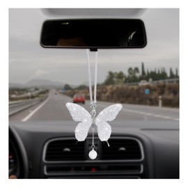 Dickno Bling Butterfly Car Accessories for Women, Diamond Car Rear View Mirror Ornament Pendant, Valentine's Day Gift, Crystal Car Hanging Decoration, Cute Rhinestone Pendant (White)