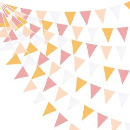 32Ft Groovy Party Decorations Yellow Dusty Pink White Pennant Banner Fabric Triangle Flag Bunting Garland Streamers for Daisy Groovy Boho Retro Hippie Wedding Birthday Baby Shower Fall Party Supplies