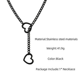GAUEIOUR Link Chains Necklace,Women Clavicle Choker With Heart Pendant Necklace,Slip Chain Heart Ring Long Necklace,Punk Rock Cuban Long Chain for Women,Adjustable Stainless Steel Necklace(Black)