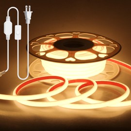 Aclorol 50ft AC 110V COB LED Strip Lights Outdoor Waterproof IP67 Warm White 3000K Rope Lights for Outside with ON/Off Switch Fleixible and Cuttable for Bedroom Backyard Patio Commercial Decoration