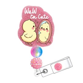 Horee Retractable Badge Reel with Alligator Clip, Glitter Acrylic Nurse ID Card Holder with Beads, Pink Bling Funny Design (Cute Duck)