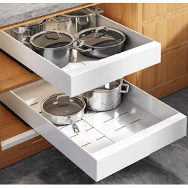 Seinloes 2 Pack Expandable (9"-14") Pull Out Cabinet Organizer 21" Deep With Raising Pad for Framed Cabinets,Upgrade 3 Slide Rails Slide Out Drawers,No Drill Roll Out Shelves Adhesive,White