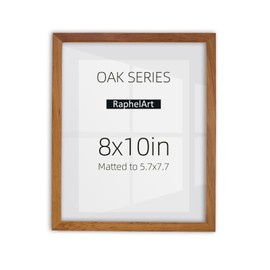 RaphelArt Oak Series 8x10 Solid Oak Picture Frame, Natural Grain Finish, Matted to 5.7x7.7, Gallery-Style Acrylic Front, Minimalist Narrow Border
