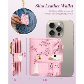 Bistup Wallet for Women Cute Small Card Wallet Genuine Leather Rfid with Keychain for Ladies Teen Girls Female Girly Aesthetic Flower Cat Unique Kawaii Pretty Modern Bifold Credit Card Holder