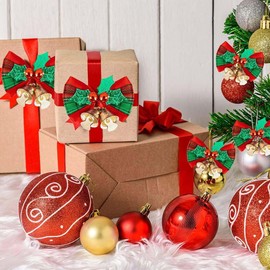 10 Pcs Christmas Bows with Bells,Xmas Wreath Bow Bells Craft Decorations,Christmas Tree Bowknot Hanging Ornament Xmas for Christmas Tree Wedding Party Hanging Decoration