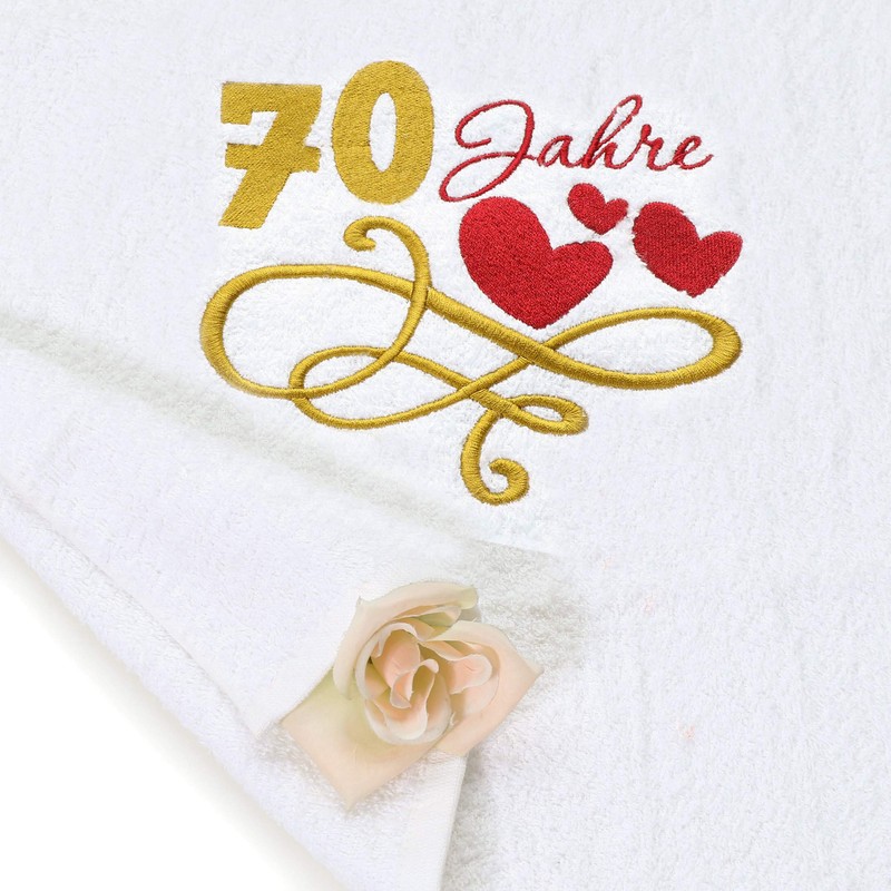 Abc Casa Gift Towel for 70th Birthday with Embroidered Hearts