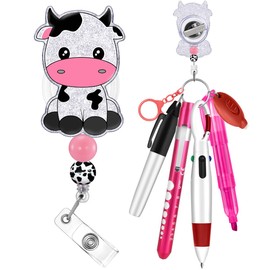 Plifal Nurse Pen Set Badge Reel Holder Accessories Clip - Retractable Mini Nursing Ball Pen Permanent Marker Highlighter Light Penlight Flashlight Scissors Work Student Office Hospital Cow