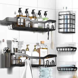 NESOMI Shower Caddy Adhesive Shower Organizer 7-Pack, Rustproof Stainless Steel Bathroom Shelves, Large Capacity No-Drill Rack Storage Accessories with Soap Dish Toothbrush Holder &24 Hooks Home Decor