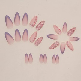 Long Press on Nails Almond Shape French Fake Nails, 24Pcs Full Cover Reusable Artificial Acrylic False Nails with Small Floral Design, Purple Nail Tips, Women DIY Glue on Nails Manicure for Set