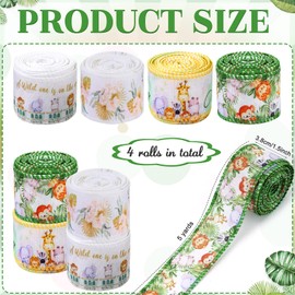 4 Rolls of 20 Yards Safari Animal Theme 1.5 Inch Wide Forest Rib Wired Baby Shower Ribbon Jungle Woodland Leaf Animal Print Ribbon for DIY Craft Jungle Woodland Theme Birthday Party Decor