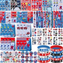 LSJDEER 134 PCS Hockey Party Favors Set, 41 Stickers, 12 Goodie Bags,12 Button Badges,12 Slap Bracelets, 12 Tattoo Stickers, 12 Bracelets for Ice Hockey Sports Party Birthday Gift Supplies