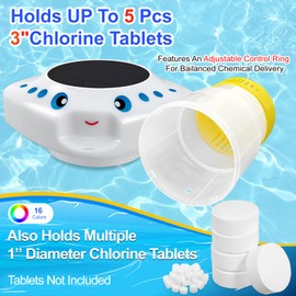 Chlorine Tablet Floater,Pool Chlorine Floater with Solar Light,Floating Chlorine Dispenser Large Capacity Bromine Holder Fits 3 inch and 1 inch Chlorine Tablets for Large and Small Pools Hot Tub Spa