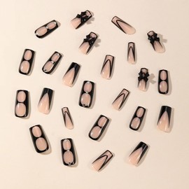 Black French Tip Press on Nails Medium Square Fake Nails with Design Black Bow Glue on Nails Full Cover Glossy False Nails Bow Artificial Nails Accessories for Women 24Pcs