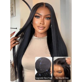 Nadula Bye Bye Knots Yaki Straight Glueless Drawstring Wig Human Hair with Flexible Mesh Cap Fits All Head, Pre Cut 7x5 Bye-Bye Slip HD Lace Front Pre Everything Light Kinky Straight Wigs 16inch