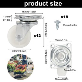 Pack of 12 Castors for Furniture Diameter 38 mm / 1.5 Inches, 360° Rotatable Furniture Castors, Small, Swivel Castors, Furniture Transport Castors, Rubber Castors for Wooden Cabinets, Children's Beds,