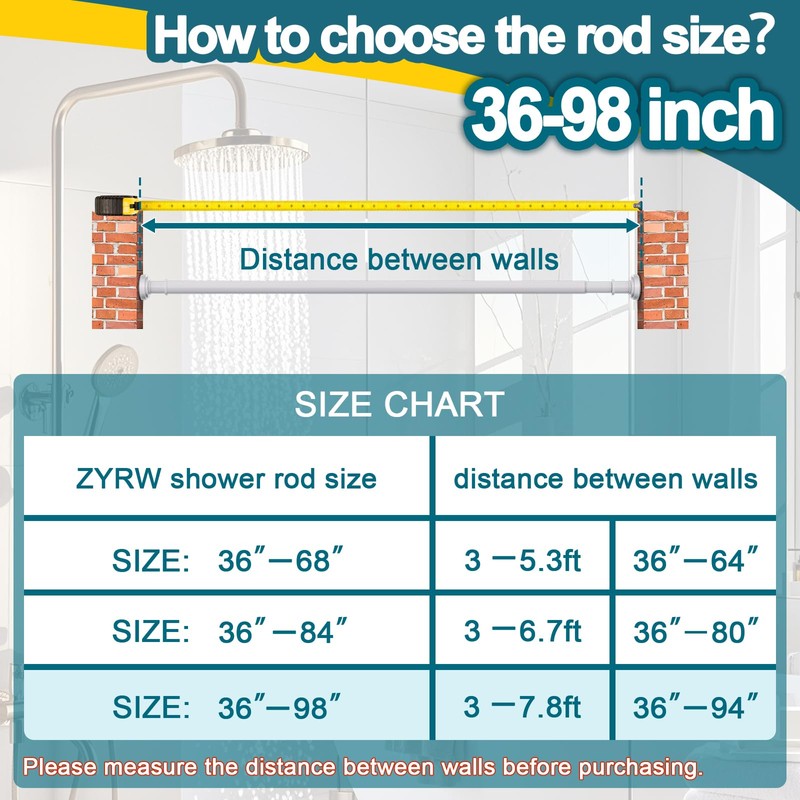 White Shower Curtain Rod 36-68 Inch(3-5.6ft) Never Rust No Drilling