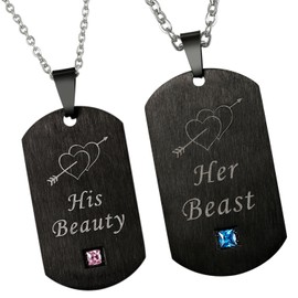 OIDEA 2 x Stainless Steel Couples Dog Tag Necklaces Black with Her Beast His Beauty Chains with Zirconia Gifts for Men and Women with/Without Engraving, Stainless Steel, Cubic Zirconia