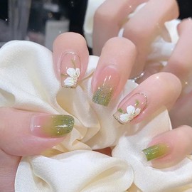 24Pcs Square False Nails Tip, Camellia Press on Nails with Glitter Design, Removable Acrylic Stick on Nails Full Cover Fake Nail for Women Girls Nail Art Manicure (Green Pink Flower)