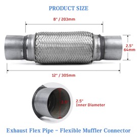 2.5 inch Exhaust Flex Pipe - RP Remarkable Power, 2.5 ID x 12 Length Flexible Pipe, Stainless Steel Double Braid Heavy Duty Universal Muffler Tube RK7546 Automobile Replacement part