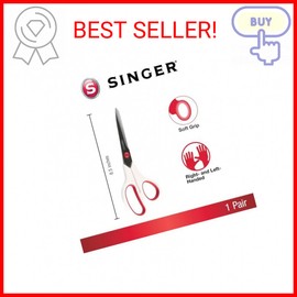 SINGER Fabric Scissors with Comfort Grip, 1-pack, Red & White
