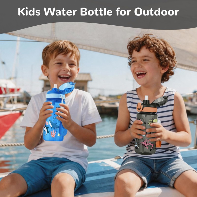 omedecal 20oz Removable Straw Kids Water Bottle, Shark & Excavator
