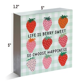 Life Is Berry Sweet Strawberry Wood Block Sign Inspirational Strawberry Decorative Desk Sign Home Bedroom Living Room Shelf Tabletop Decor 5 X 5 Inches
