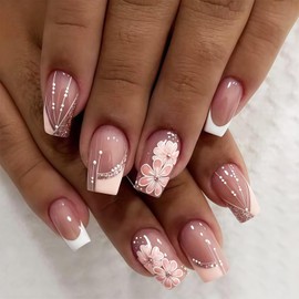 Kabwea 24 Stück Sommerblumen Kunstnägel, Weiße French Press on Nails, Press on Nails, Nägel zum Aufkleben, Fake Nail