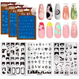 BlueZOO Nail Stamping Plates Set, Moon Star Cross Heart French Line Wave Strips Plants Nail Art Image Stamp Templates Reusable Manicure DIY Printing Tools Home Salon Design Gift, 3PCS,Stainless Steel