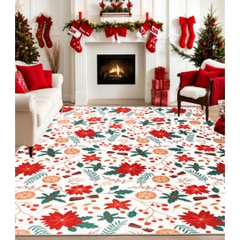 Poinsettia Christmas Area Rug 8x10 Merry Christmas Xmas Ornaments Non-Slip Washable Indoor Throw Rug Winter Floor Carpet for Christmas Bedroom Living Room Kids Room Decoration
