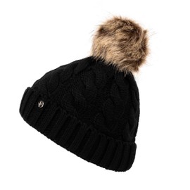 HEYO Ladies Knitted Winter Hat with Large Faux Fur Bobble HCD006, black