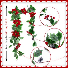 3Pcs 8.53Ft Green Holly Red Berry Garland，Garland Christmas Decorations with Pine Cones and Poinsettia, Artificial Christmas Garland for Christmas Tree Fireplace Indoor Outdoor Home Décor