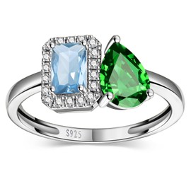 Yaresul Toi Et Moi Ring 925 Sterling Silver Women Aquamarine Engagement Ring White Gold Plated 6x8mm Double Stone Ring Emerald & Pear Cut Cubic Zirconia Wedding Ring Width Band 2mm - Size 9