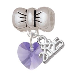 Delight Jewelry 10mm Hot Purple Crystal Heart - Silver-tone Bow Charm Bead Dangle with Mini 2025