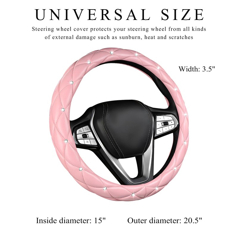 DXNQ Bling Crystal Steering Wheel Cover, 15 Inch Soft Leather