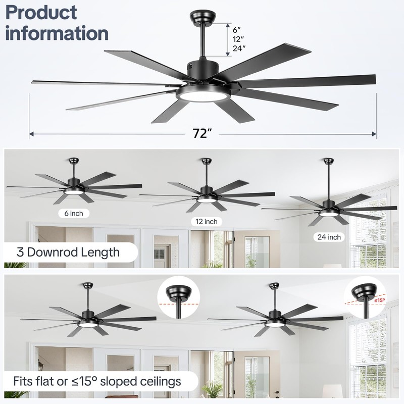 Large Ceiling Fans with Lights, Modern 72 Inch 8 Blade