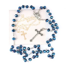 WHLHMK Blue Crystal Rosary Beads Necklace for Women of Faith, Catholic Gift with Vintage Jewelry Box