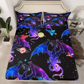 Feelyou Galaxy Dragon Bedding Sheets Outer Space Starry Sky Bed Sheet Set for Kids Boys Girls Jungle Animals Dragon Bedding Fitted Sheet Colorful Decor Bed Cover Bedroom Collection 3Pcs Queen Size