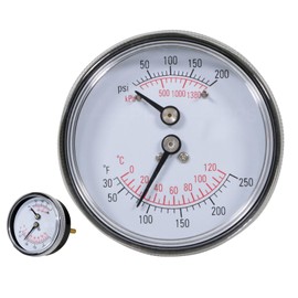 Boiler Water Thermometer & Pressure Gauge Short Shank 1/4" NPT 200 PSI for Industrial Boilers