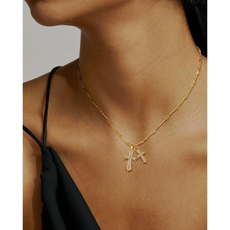 Warshion Cross Necklace Double Cross Pendant Birthstone Necklace Dainty Diamond