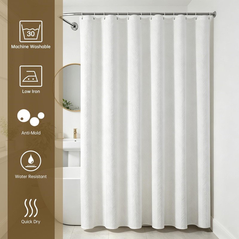 Mould Resistant White Shower Curtains with Hooks, Heavy Duty Polyester