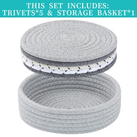 Trivets for Hot Dishes, Pots and Pans, Hot Pads with Storage Basket, Pot Holders for Kitchen, Heat Resistant Mat Protect Counter Home Essentials, Farmhouse Decor (Mix Gray 5 PCS)